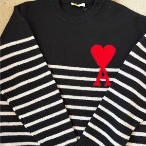 Ami Black and White Striped Sweater with Red Heart Motif